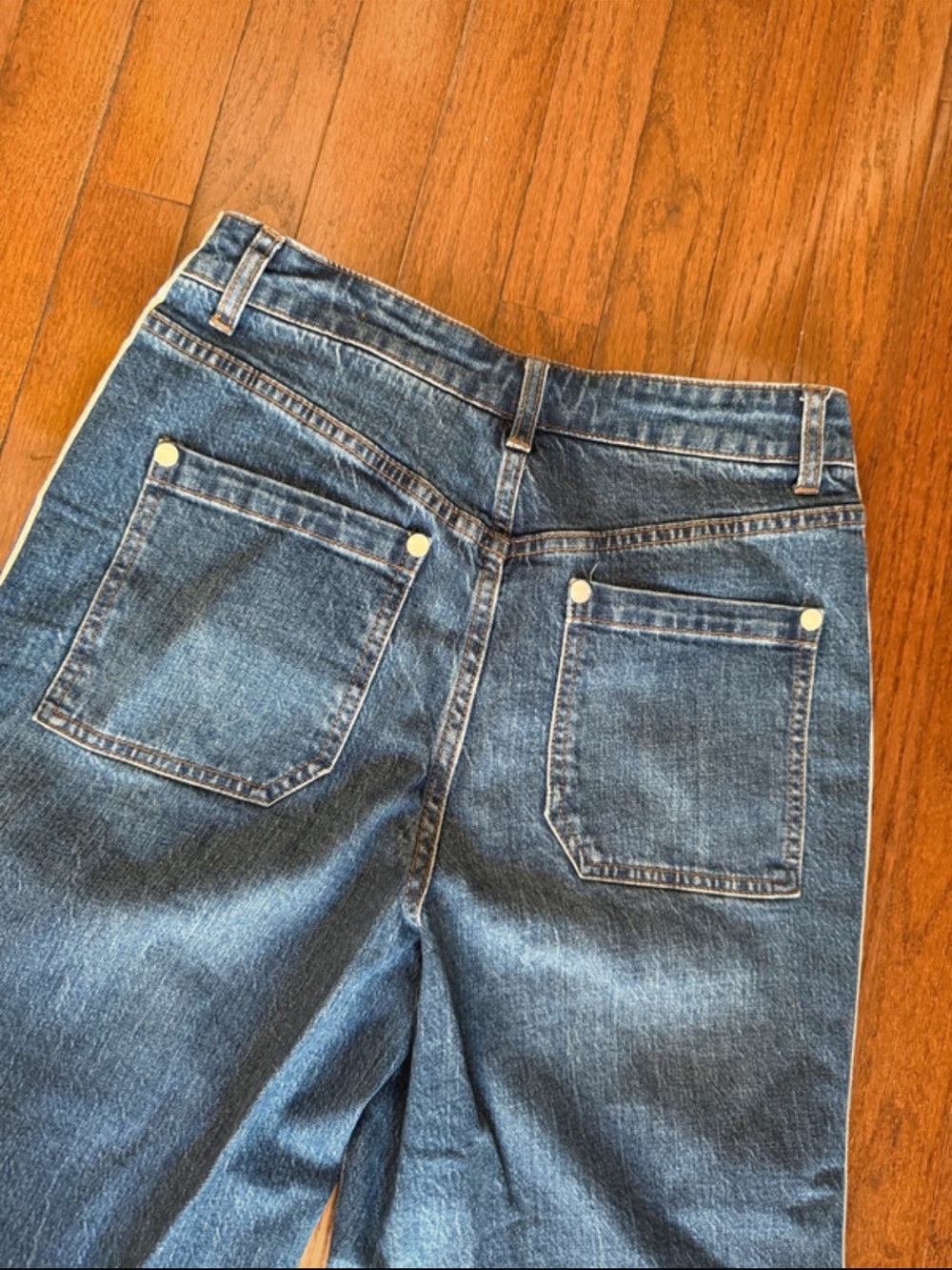 Anthropologie Blue Denim Wide-Leg Jeans with White and Blue Side Stripes - Picture 9 of 13